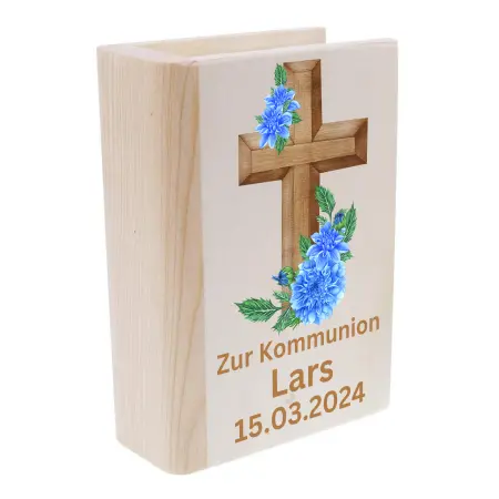 Personalisierte Spardose zur Kommunion | Geschenk zur Kommunion für Kinder | Kreuz in mit Blumen